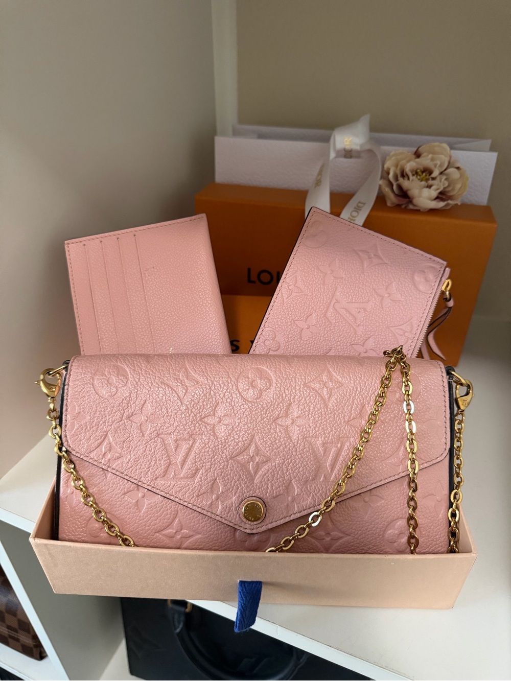Louis Vuitton Felicie Pochette Pink Monogram Embossed Leather Chain Crossbody🌸🌸